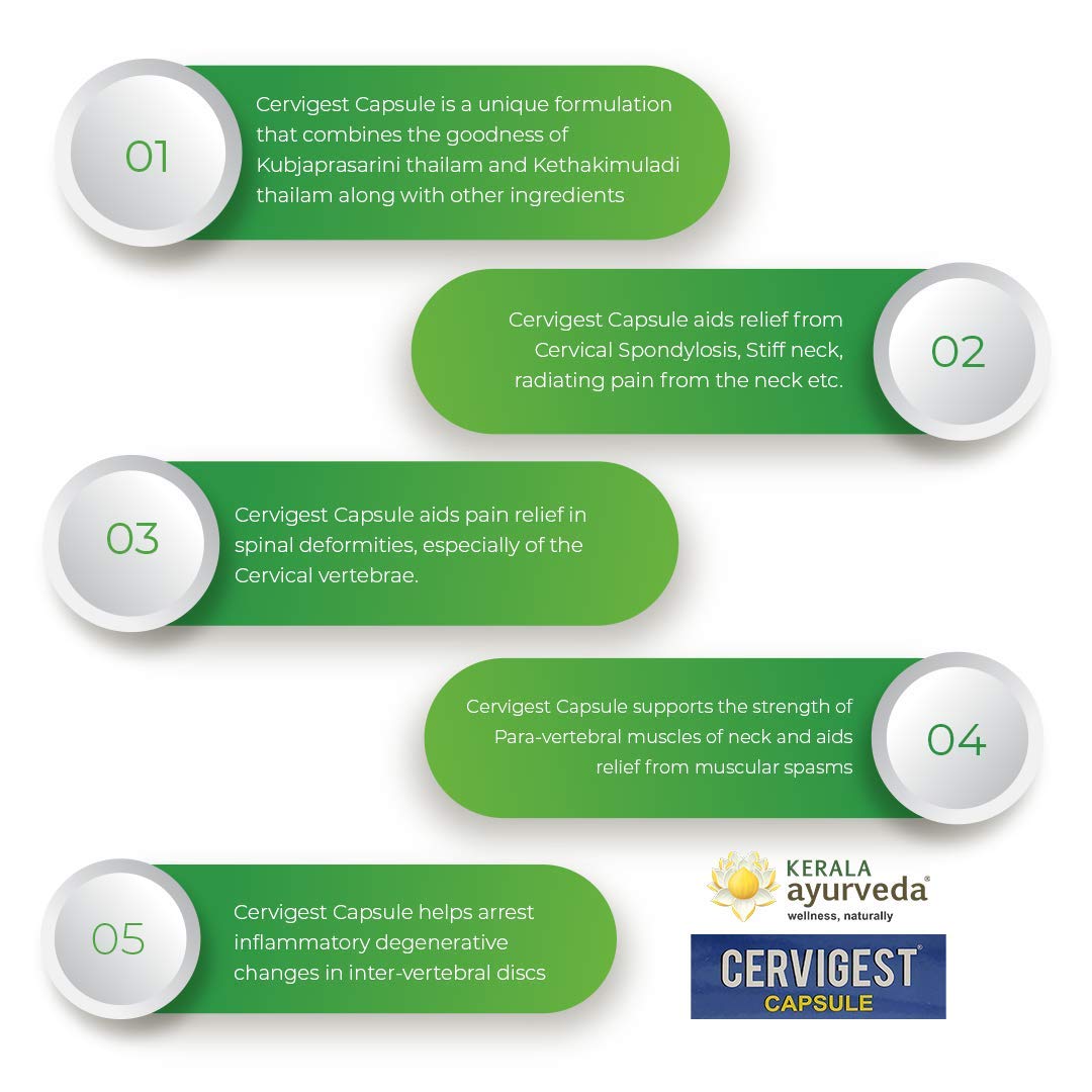 Kerala Ayurveda Cervigest Capsule- 100 Count | Helps with Neck, Shoulder, Lower Back & Arm Pain | Aids Relief from Muscular Spasms, Stiffness and Swelling | No Side Effects